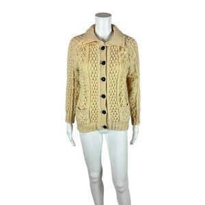 Vintage 70s Irish Cardigan Womens Small Bubble Knit Cream Fisherman Wool Sweater